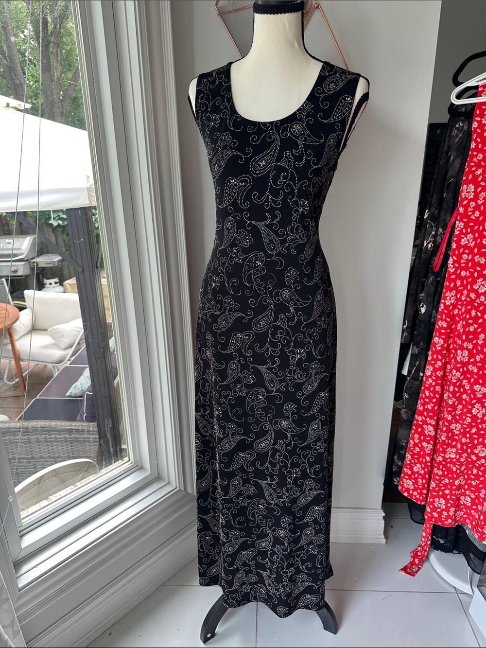 VINTAGE 90s Y2K Jessica Sleeveless Black Paisley Maxi Dress Column Sheath Sz 12